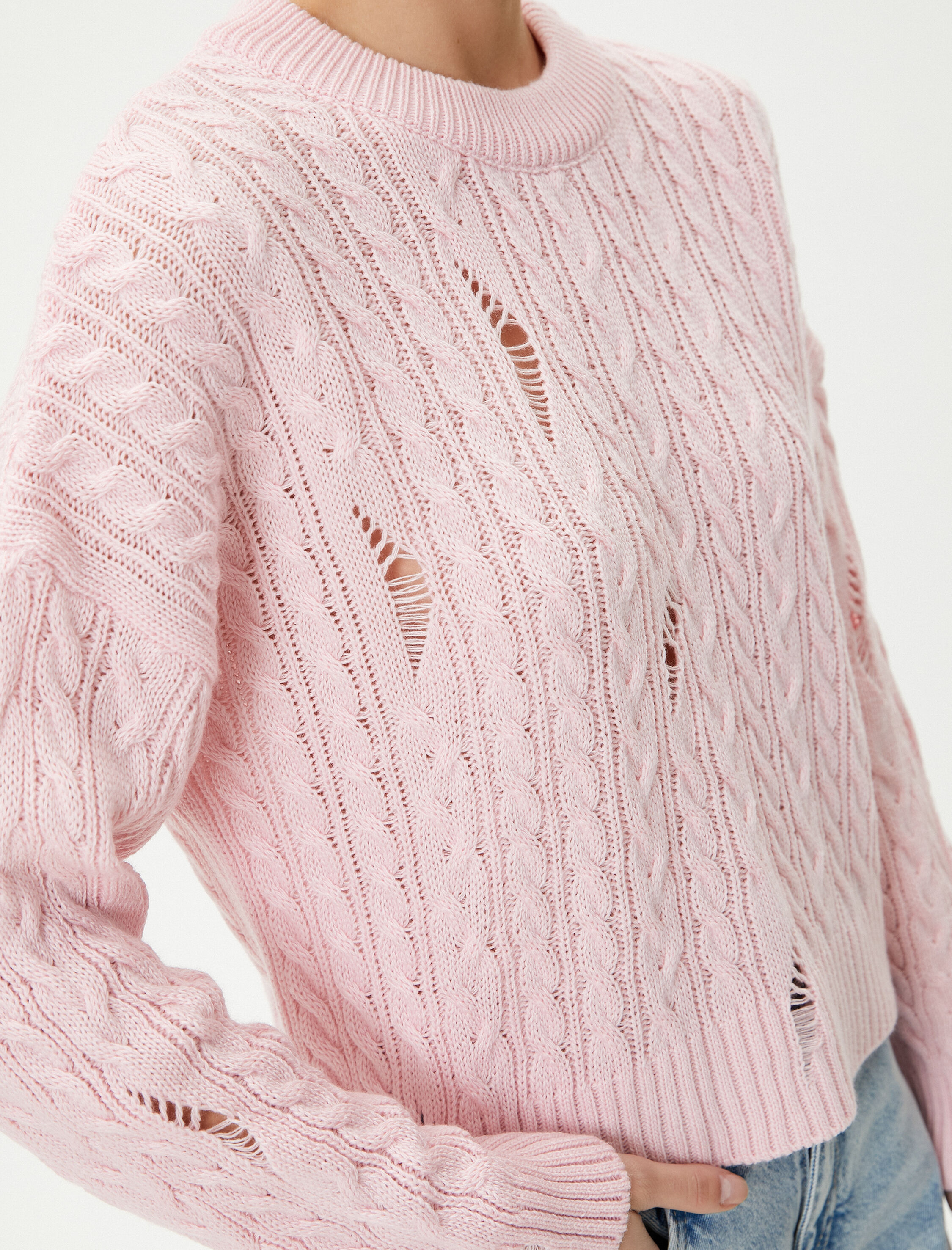   Triko Kazak Saç Örgü Detaylı Yıpratılmış Bisiklet Yaka