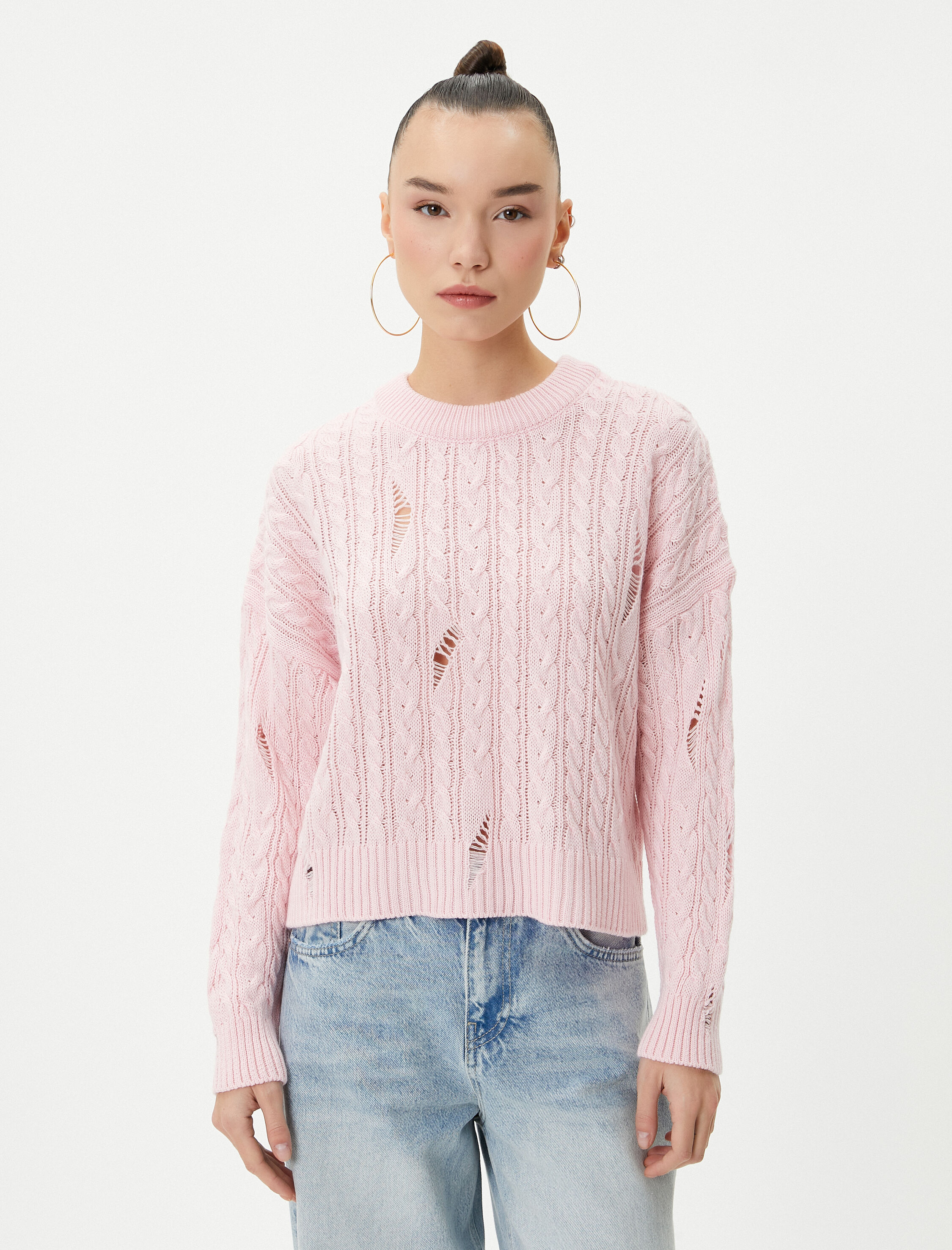   Triko Kazak Saç Örgü Detaylı Yıpratılmış Bisiklet Yaka