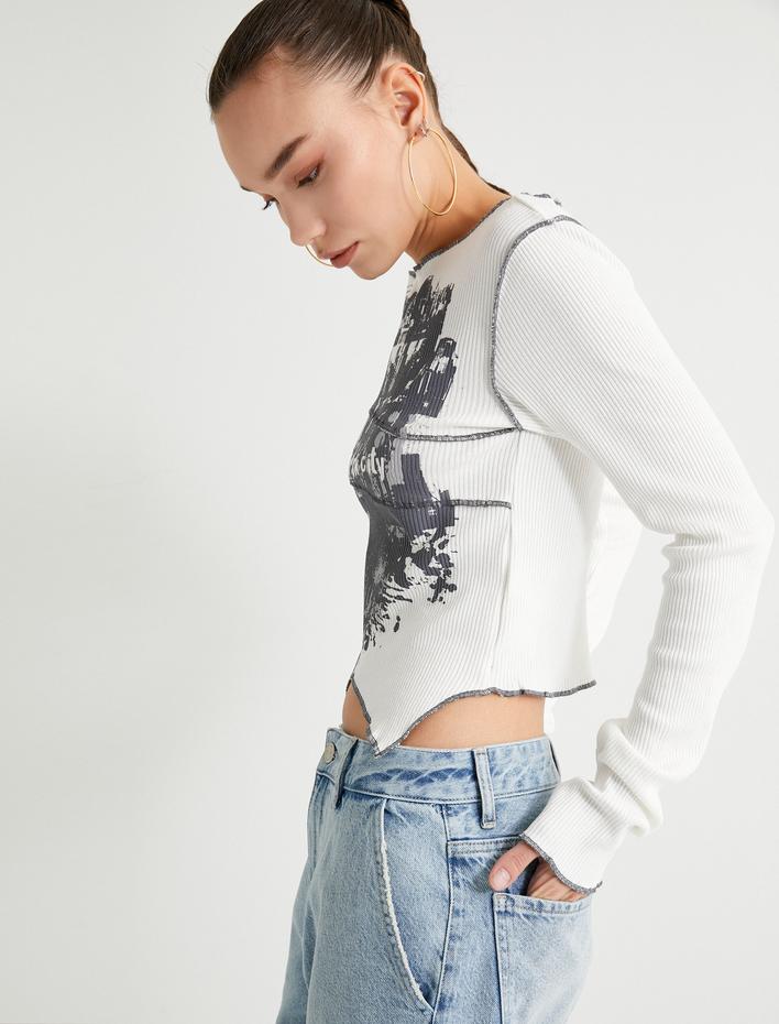  Asimetrik Tişört Uzun Kollu Baskılı Yuvarlak Yaka Pamuklu