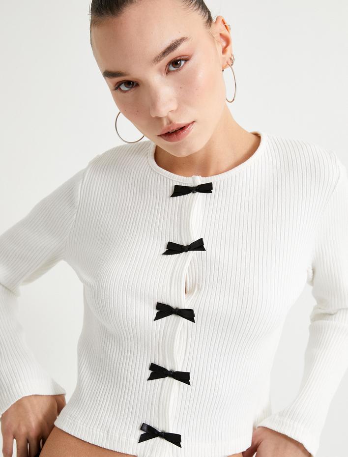  Fiyonk Detaylı Hırka Uzun Kollu Yuvarlak Yaka Slim Fit Pamuklu