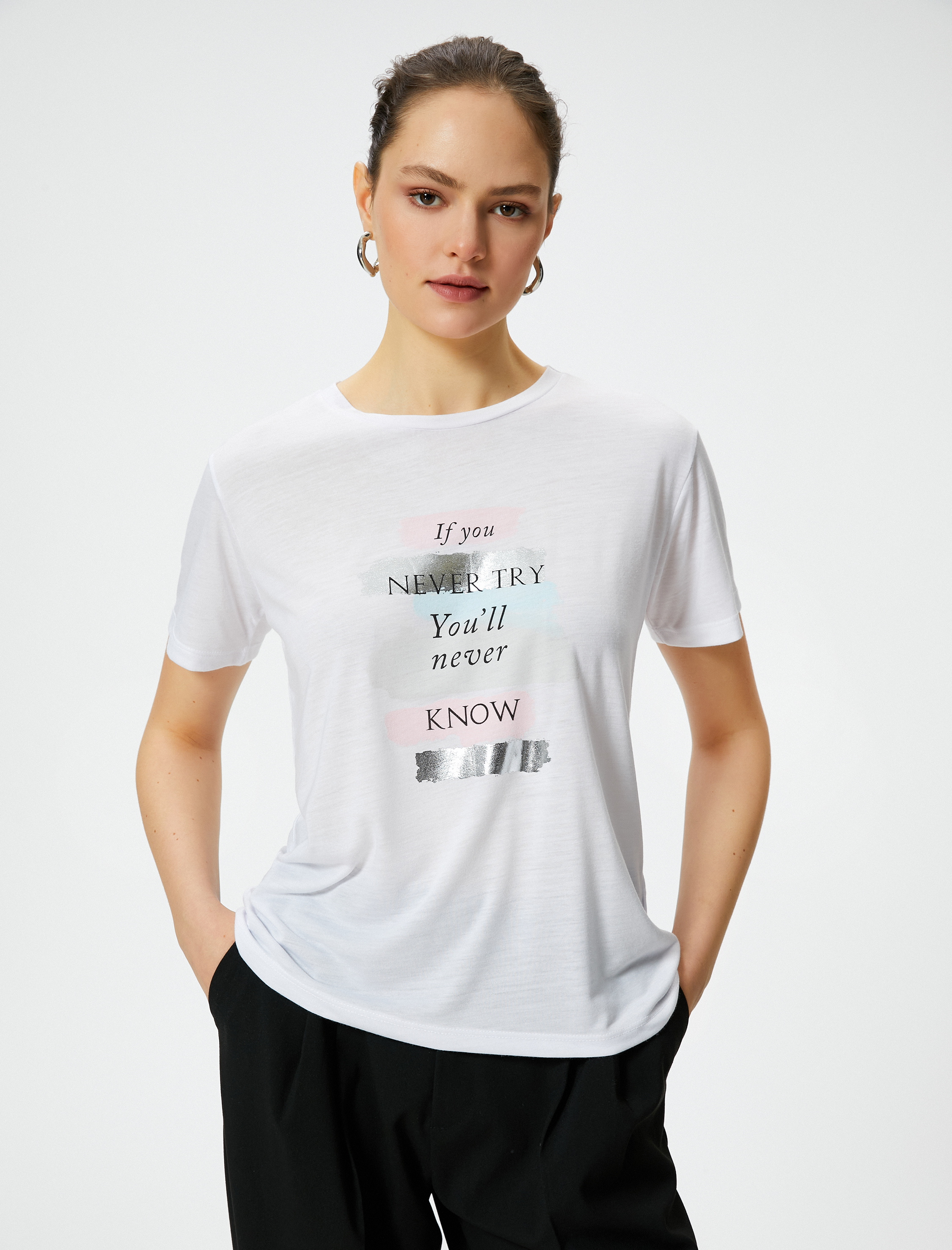   Slogan Baskılı Tişört Kısa Kollu Bisiklet Yaka