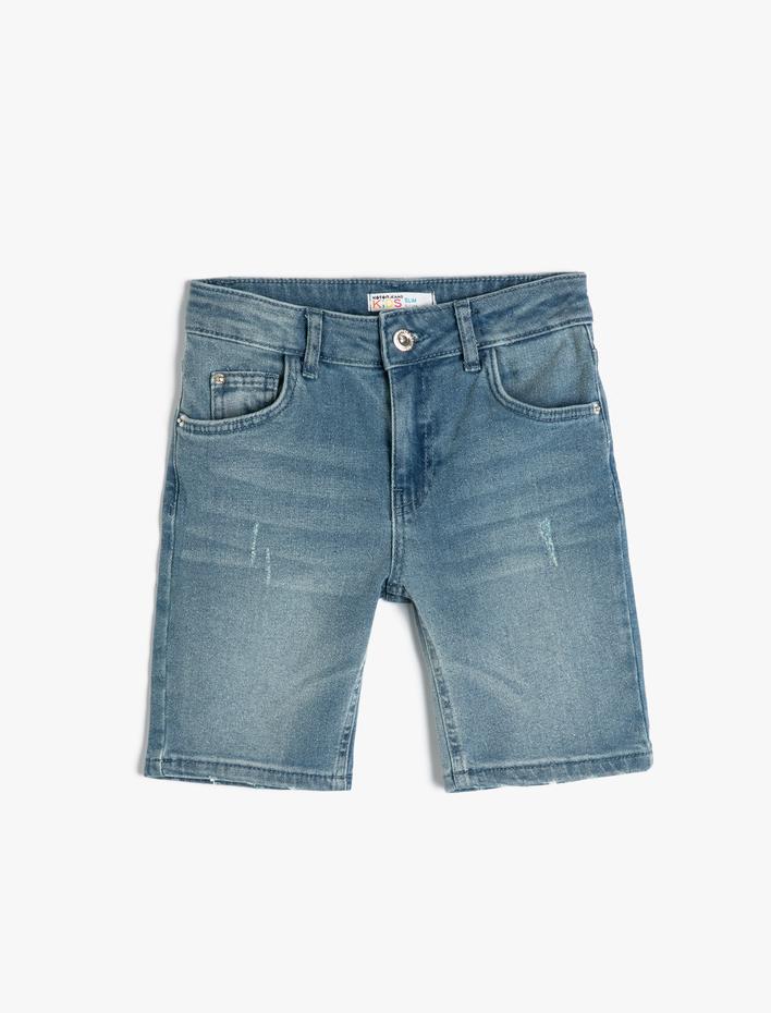 Erkek Çocuk Kot Şort Cepli Destroylu Pamuklu - Slim Fit