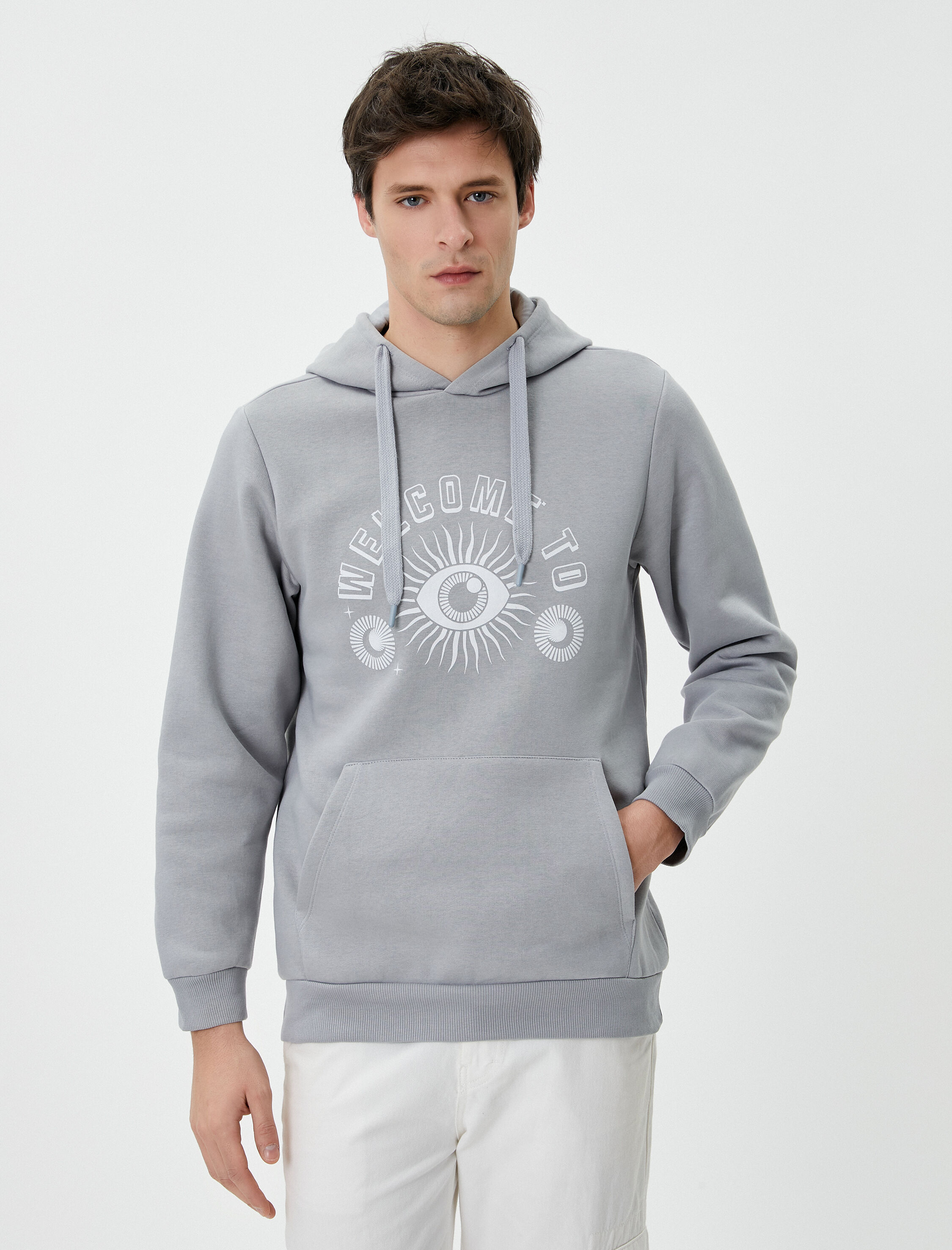   Slogan Baskılı Hoodie Kanguru Cep Detaylı Kapşonlu Şardonlu