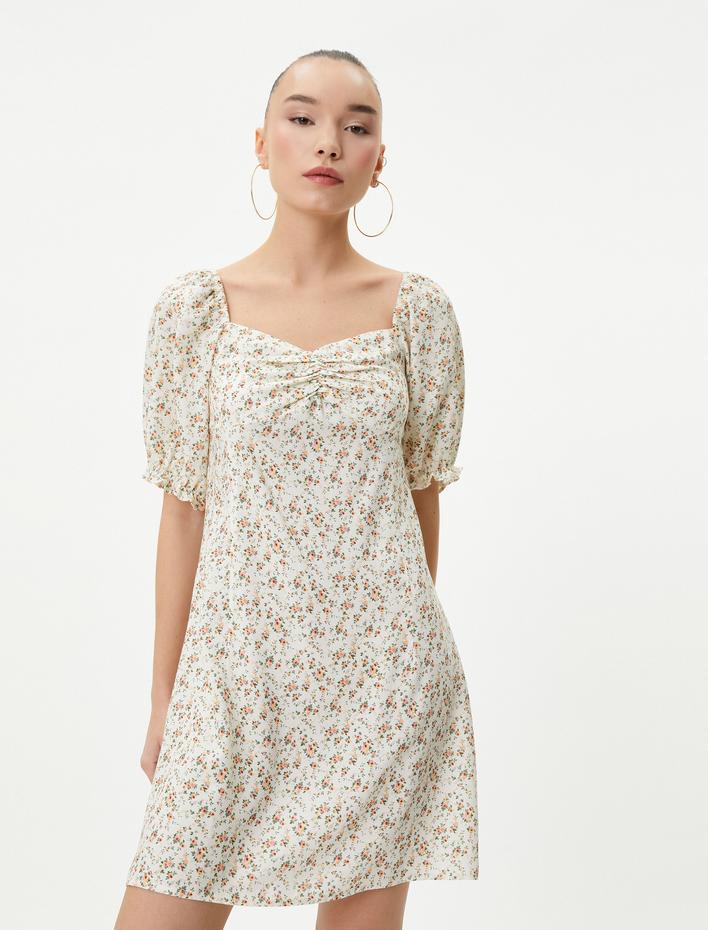  Mini Çiçekli Elbise Kısa Balon Kol Viskoz Kumaş
