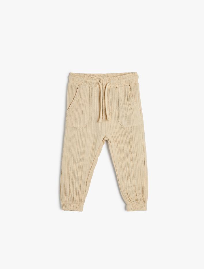Erkek Bebek Jogger Pantolon Müslin Kumaş Cep Detaylı Beli Lastikli Dokulu