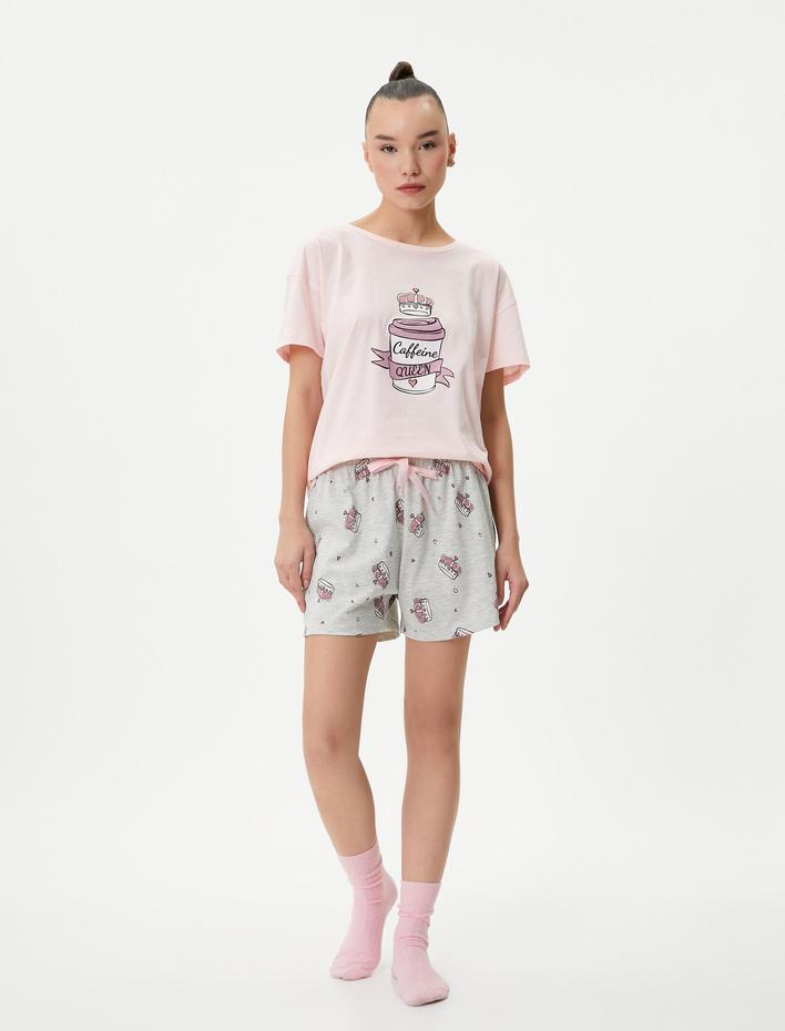  Şortlu Pijama Takımı Kahve Baskılı Kısa Kollu