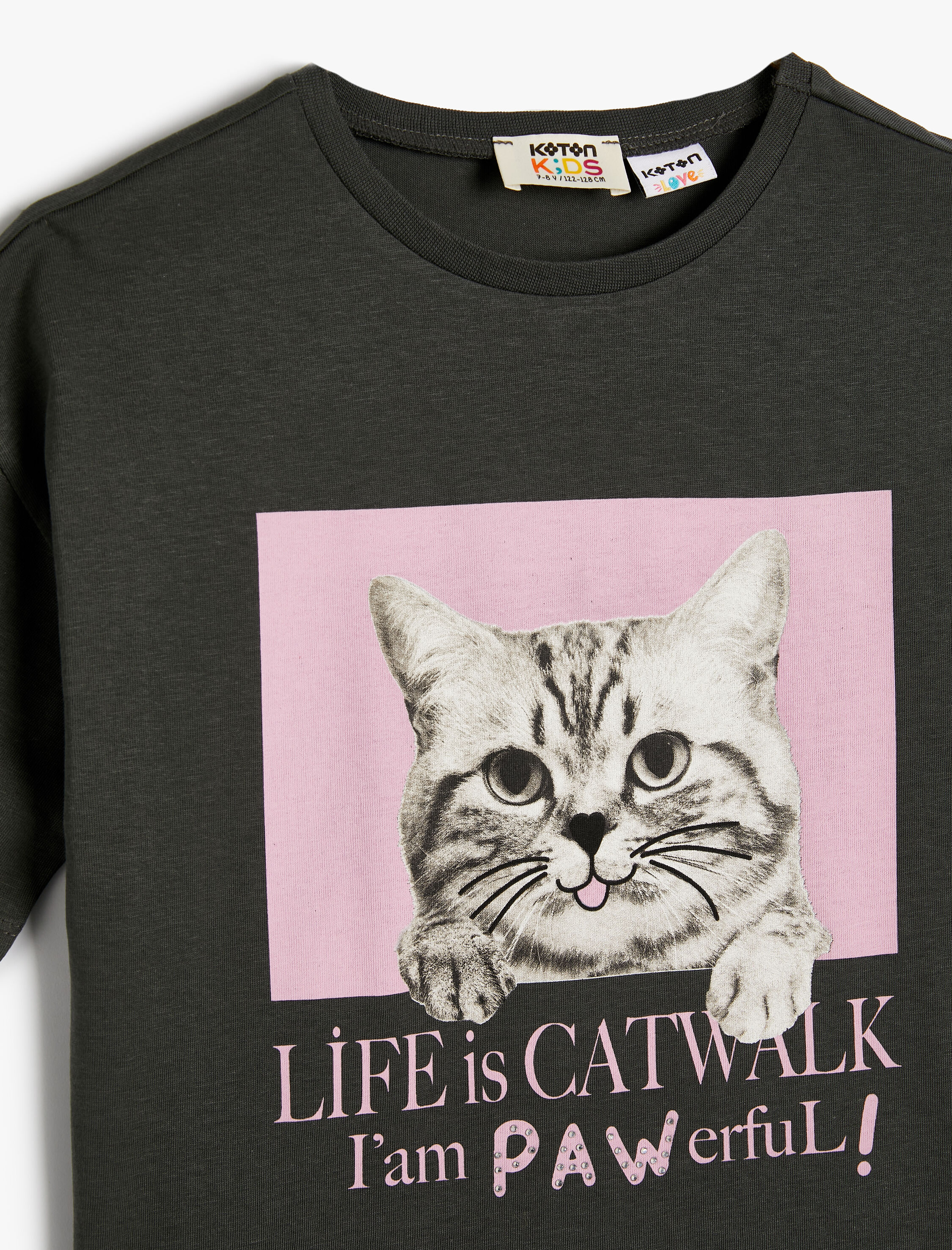  Kız Çocuk Oversize Tişört Kısa Kollu Bisiklet Yaka Kedi Baskılı Pamuklu