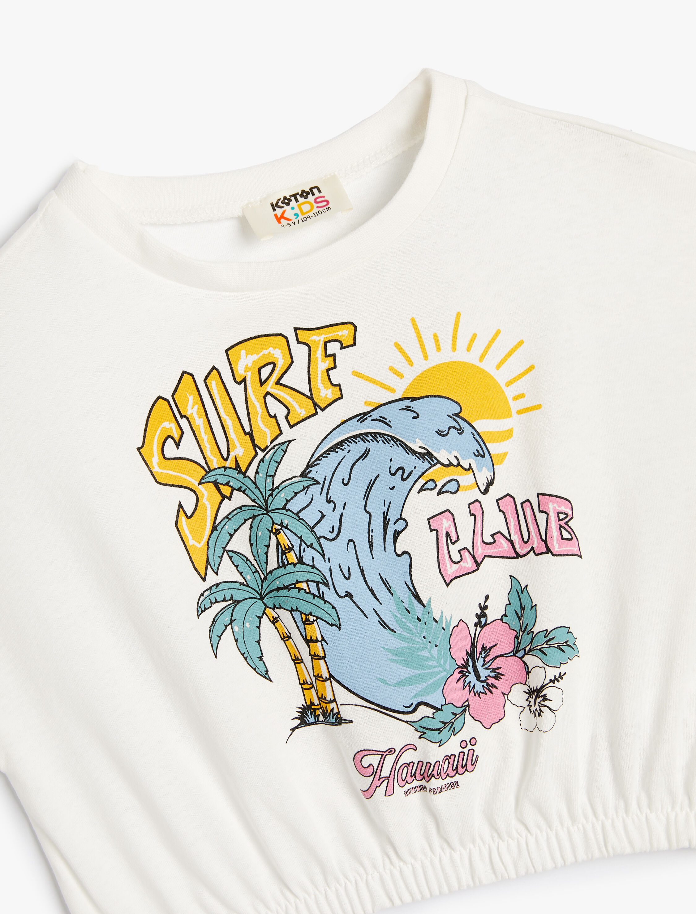  Kız Çocuk Crop Tişört Sörf Baskılı Beli Lastikli Kısa Kollu Pamuklu