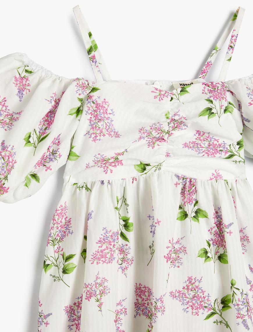  Kız Çocuk Elbise Midi Çiçekli Düşük Omuz Askılı Balon Kollu Pamuklu