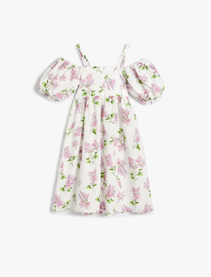 Kız Çocuk Parti Elbisesi Çiçekli Düşük Omuz Askılı Balon Kollu Pamuklu