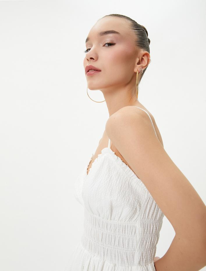  Askılı Mini Elbise Astarlı Kruvaze Yaka Fırfır Detaylı Gipeli Katlı