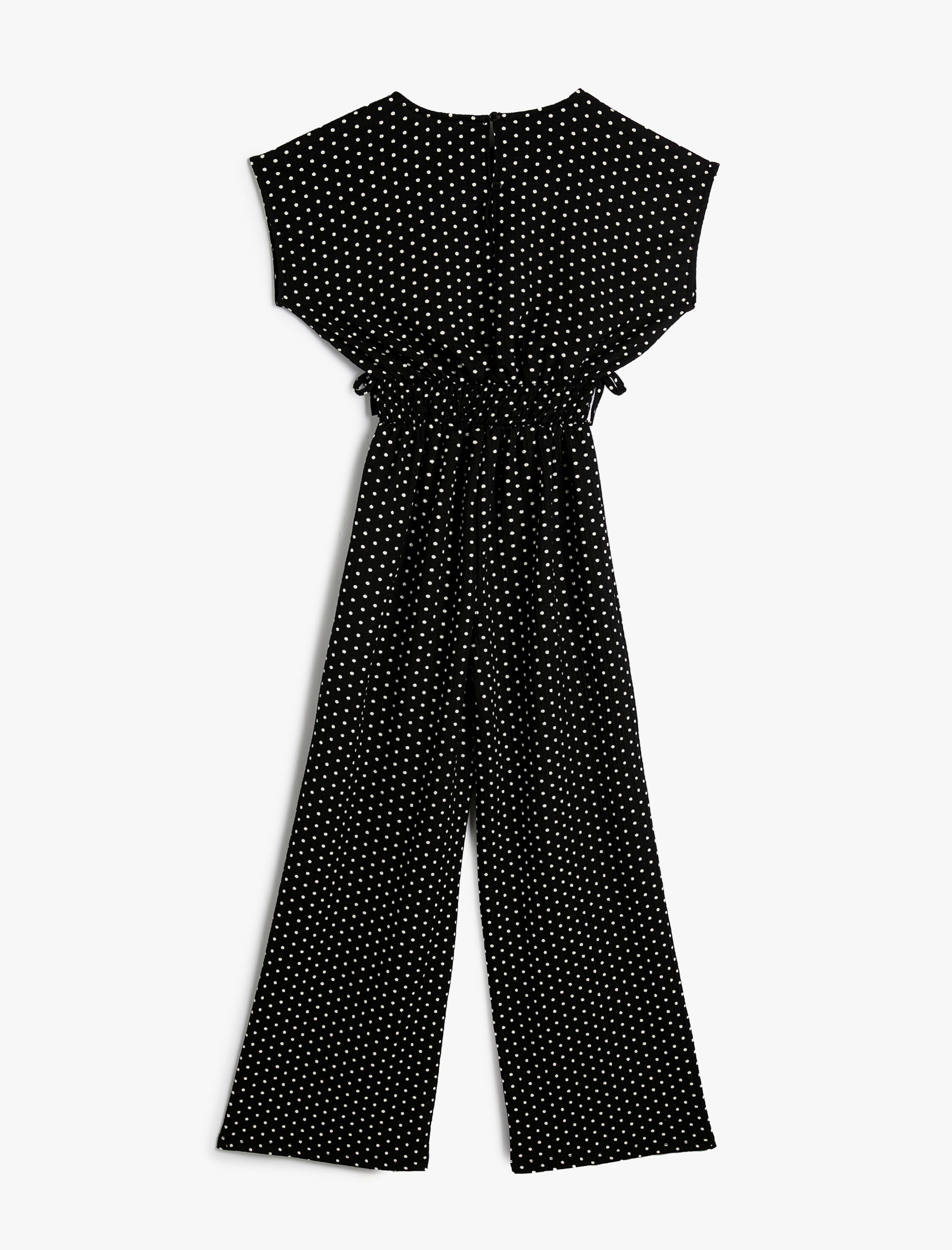  Kız Çocuk Puantiyeli Tulum Yuvarlak Yaka Beli Büzgülü