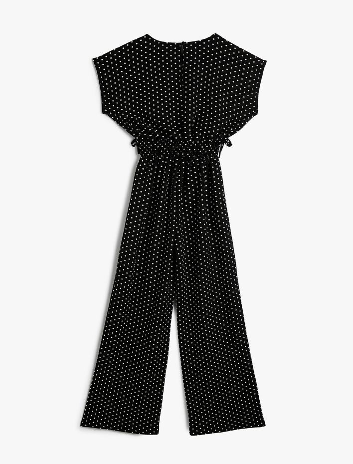 Kız Çocuk Puantiyeli Tulum Yuvarlak Yaka Beli Büzgülü