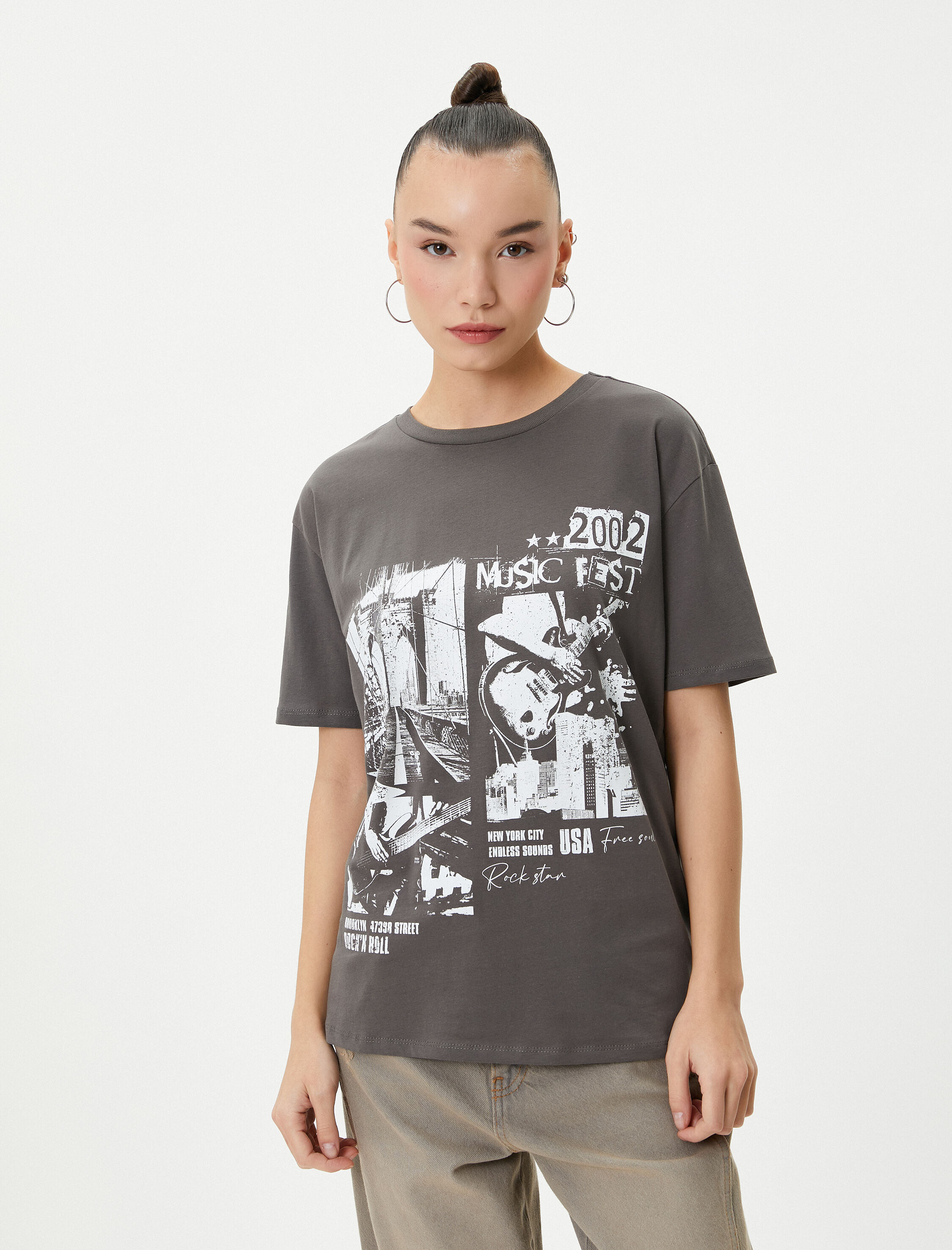   Baskılı Tişört Kısa Kollu Bisiklet Yaka Rahat Kalıp Pamuklu