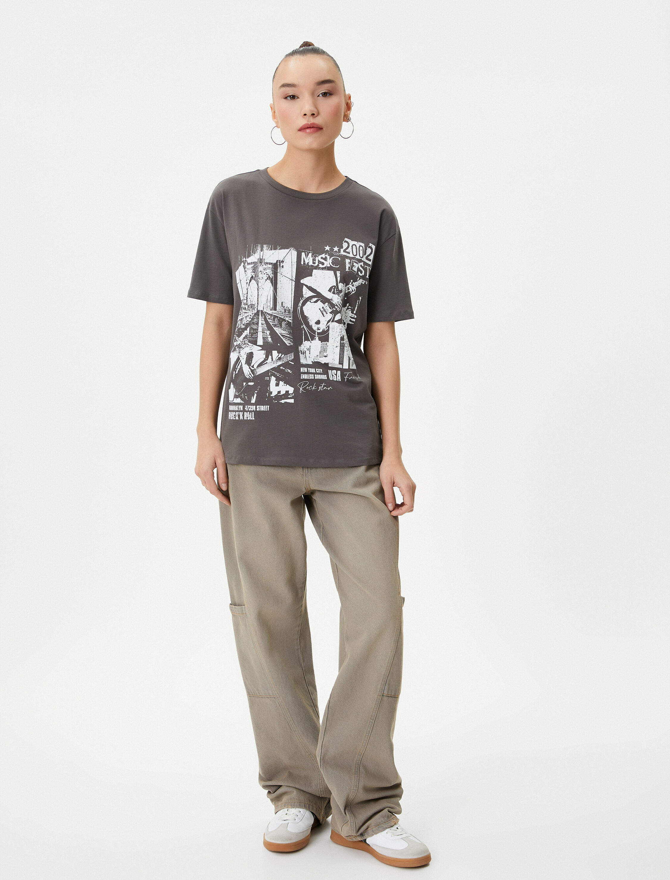   Baskılı Tişört Kısa Kollu Bisiklet Yaka Rahat Kalıp Pamuklu