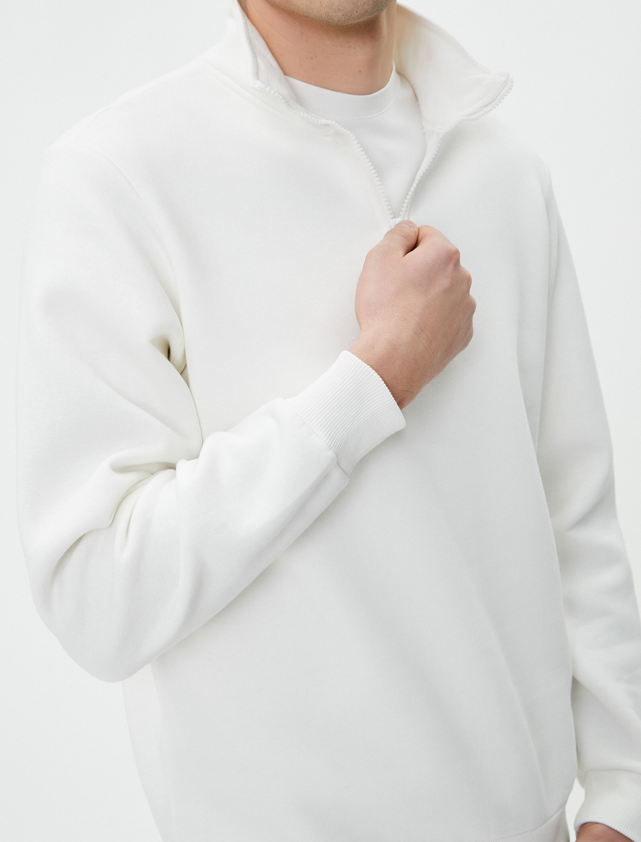   Yarım Fermuarlı Sweatshirt Basic Dik Yaka Ribanalı Uzun Kollu Şardonlu