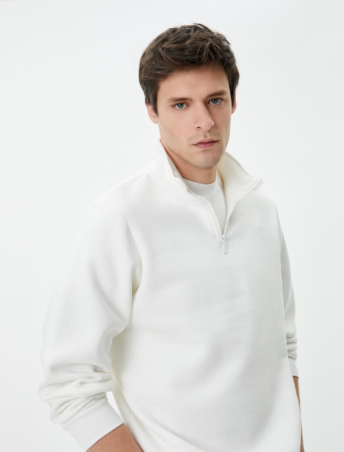  Yarım Fermuarlı Sweatshirt Basic Dik Yaka Ribanalı Uzun Kollu Şardonlu