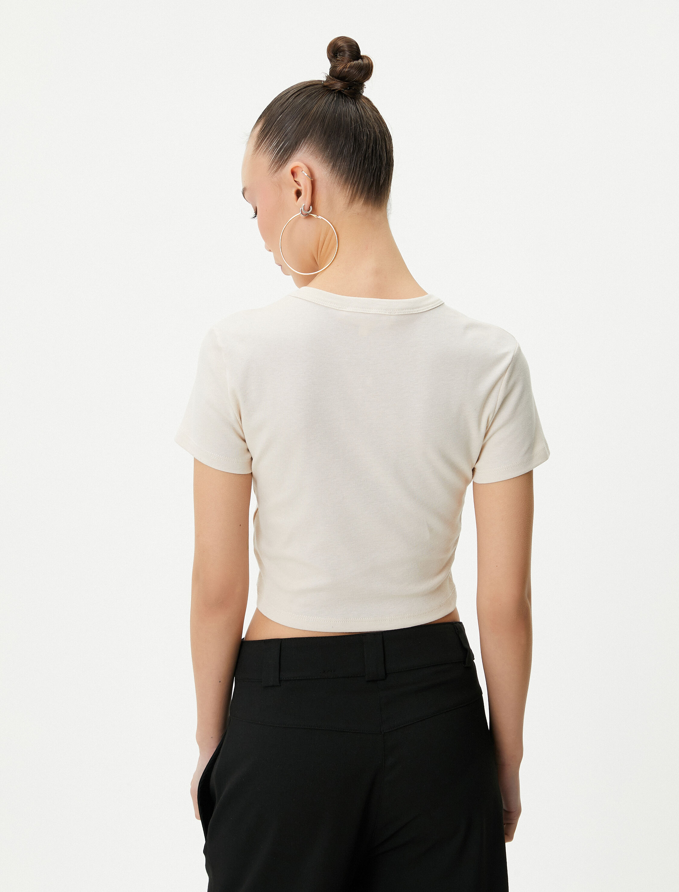   Baskılı Crop Tişört Kısa Kollu Bisiklet Yaka Pamuklu Slim Fit