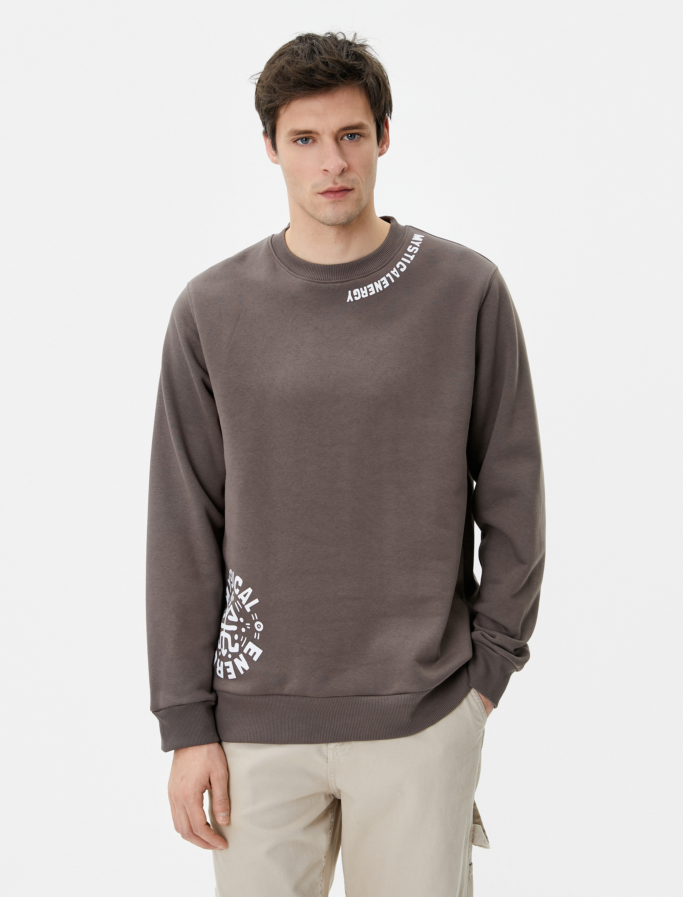   Bisiklet Yaka Sweat Etnik Baskılı Sloganlı Uzun Kollu Şardonlu