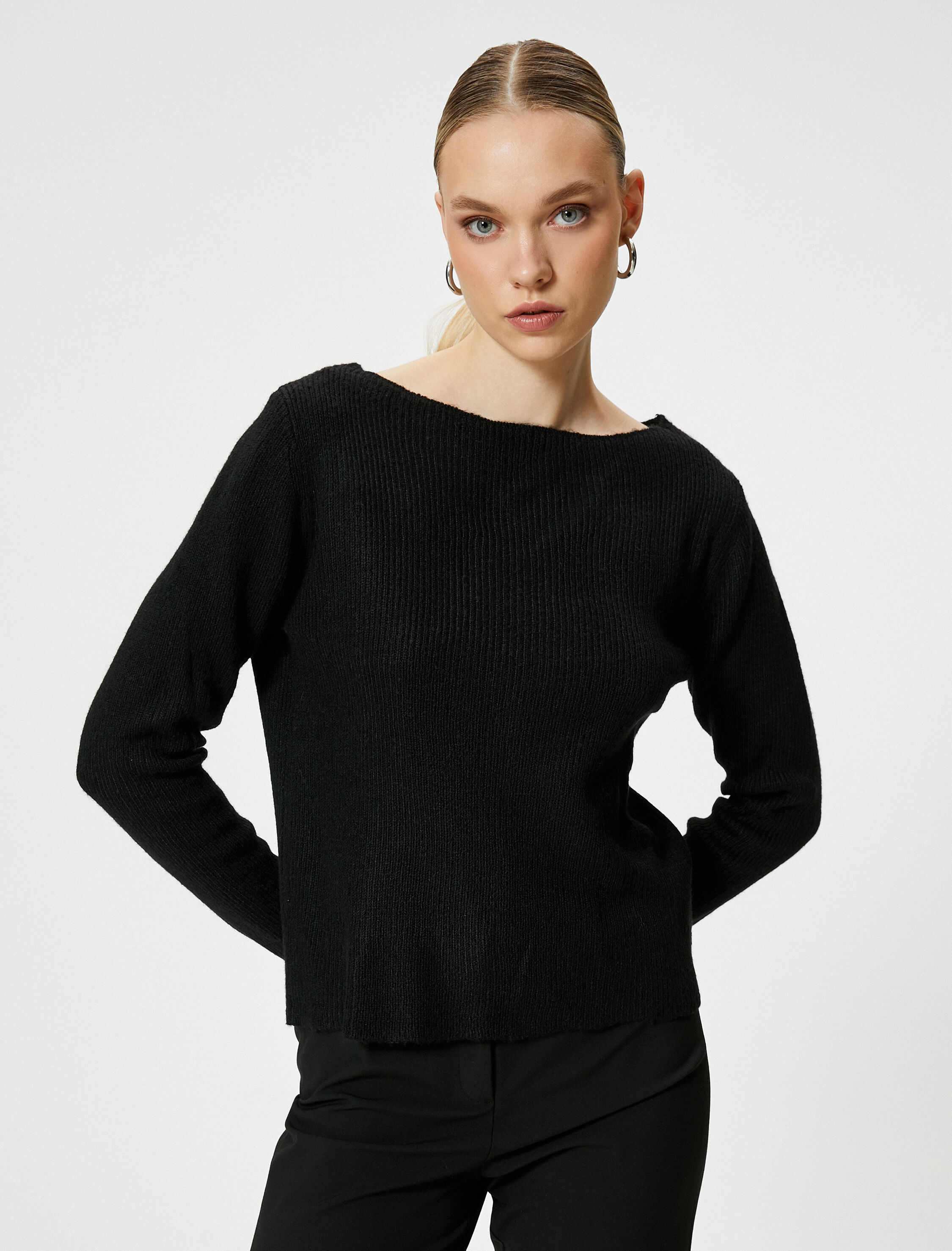   Kayık Yaka Kazak Basic Fitilli