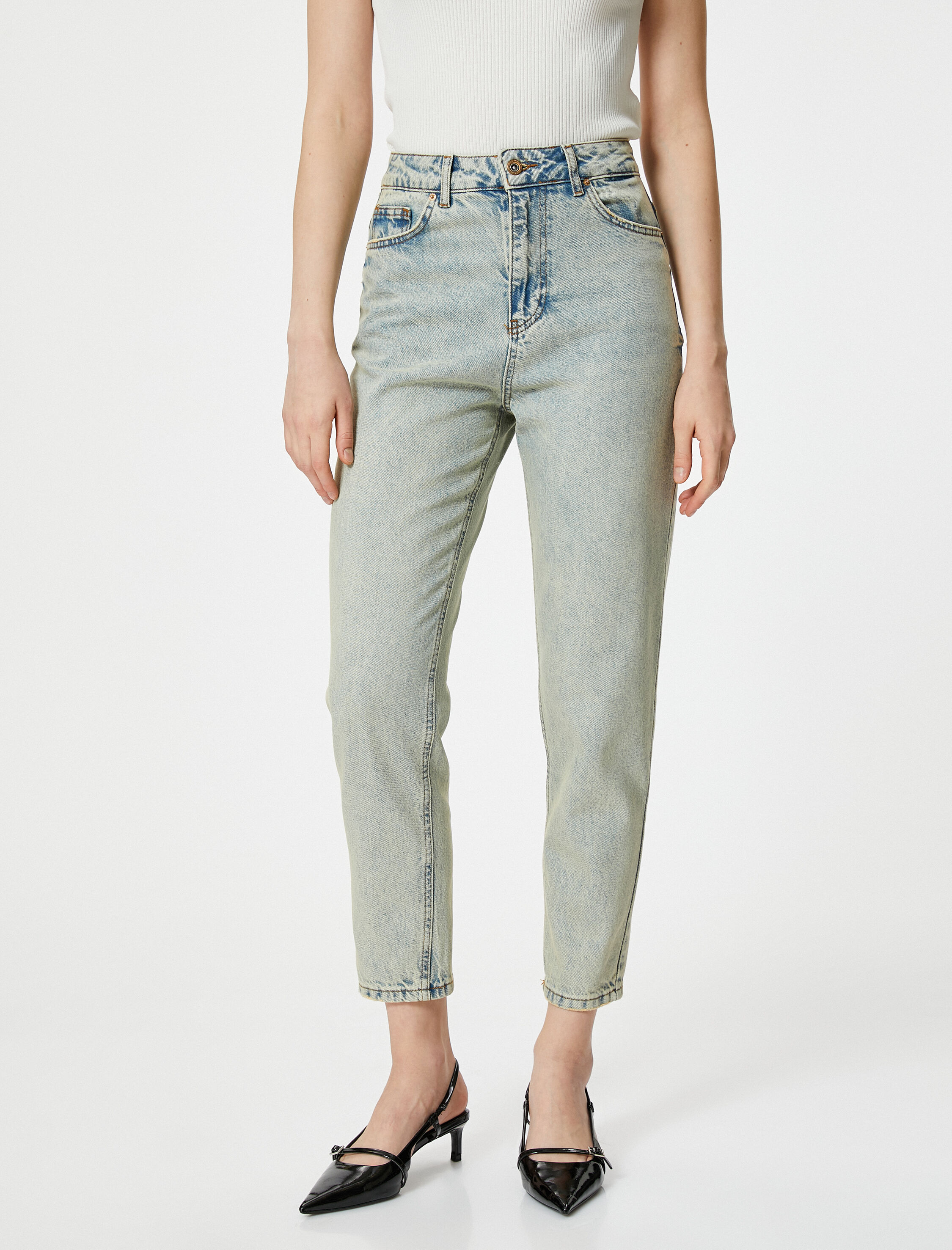   Mom Fit Kot Pantolon Yüksek Bel Cepli Pamuklu - Mom Jean