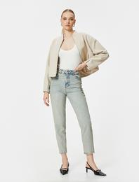 Mom Fit Kot Pantolon Yüksek Bel Cepli Pamuklu - Mom Jean