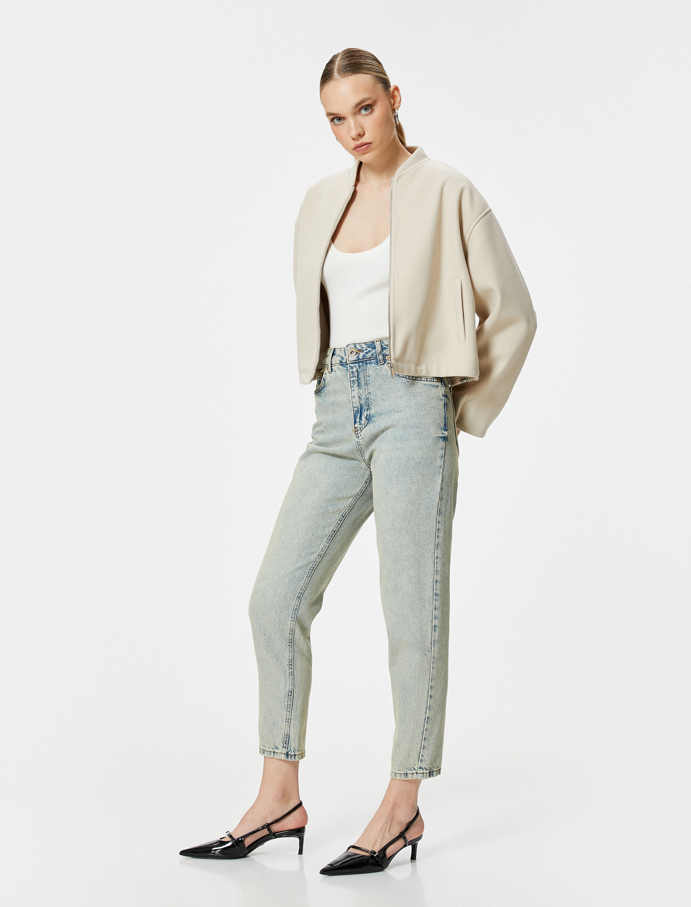   Mom Fit Kot Pantolon Yüksek Bel Cepli Pamuklu - Mom Jean