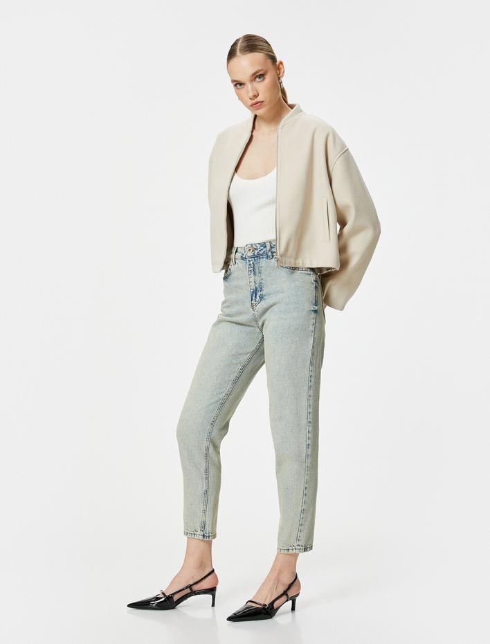  Mom Fit Kot Pantolon Yüksek Bel Cepli Pamuklu - Mom Jean