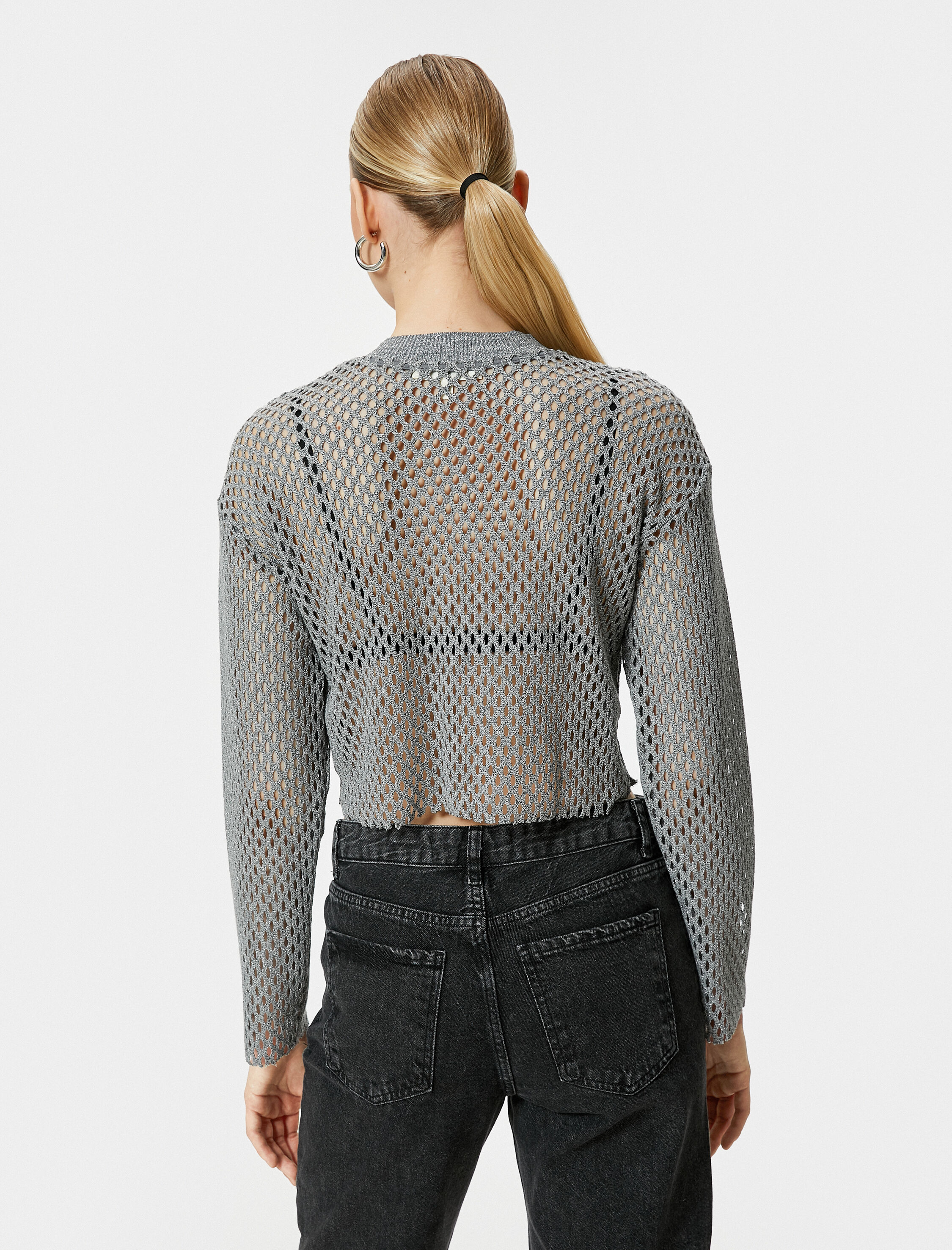   Crop Kroşe Tişört Uzun Kollu Metalik Simli Bisiklet Yaka Ajurlu