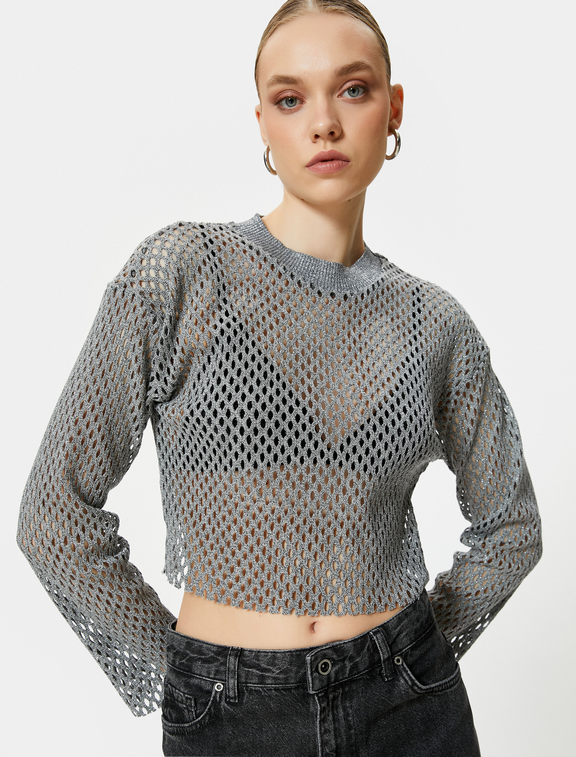   Crop Kroşe Tişört Uzun Kollu Metalik Simli Bisiklet Yaka Ajurlu