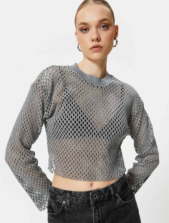  Crop Kroşe Tişört Uzun Kollu Metalik Simli Bisiklet Yaka Ajurlu