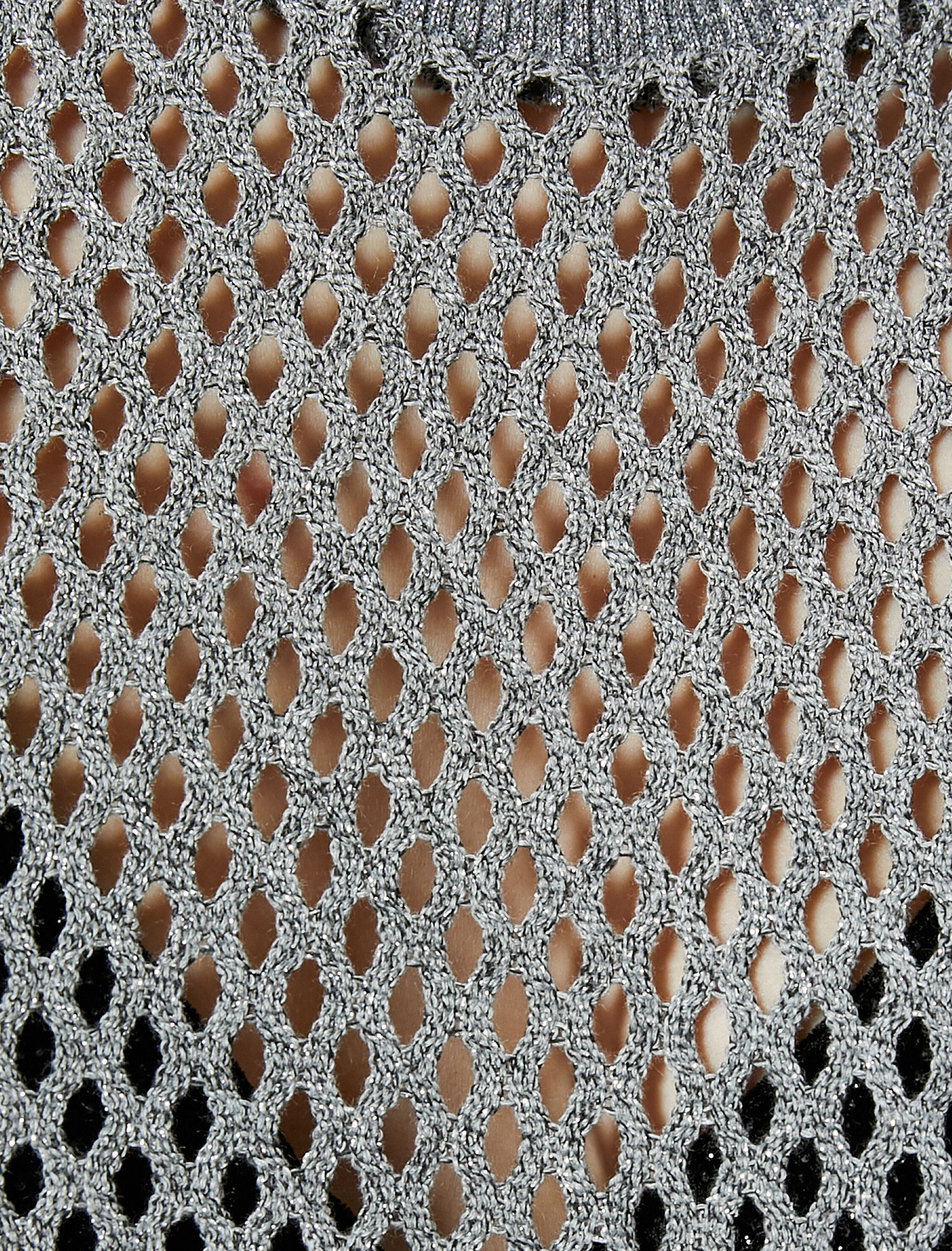   Crop Kroşe Tişört Uzun Kollu Metalik Simli Bisiklet Yaka Ajurlu