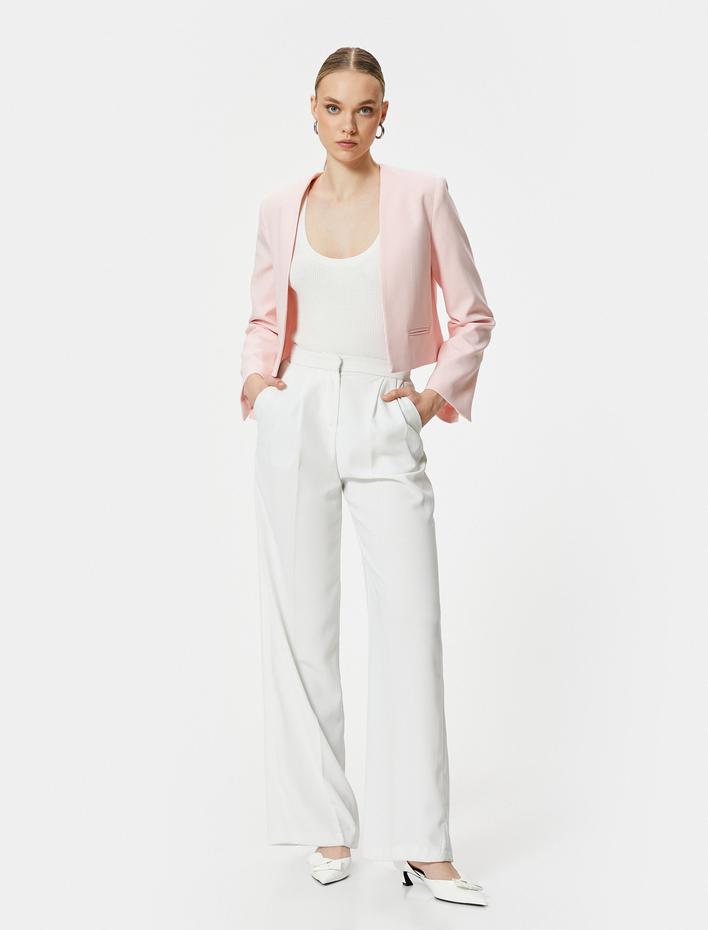  Crop Blazer Ceket Yakasız Cepli