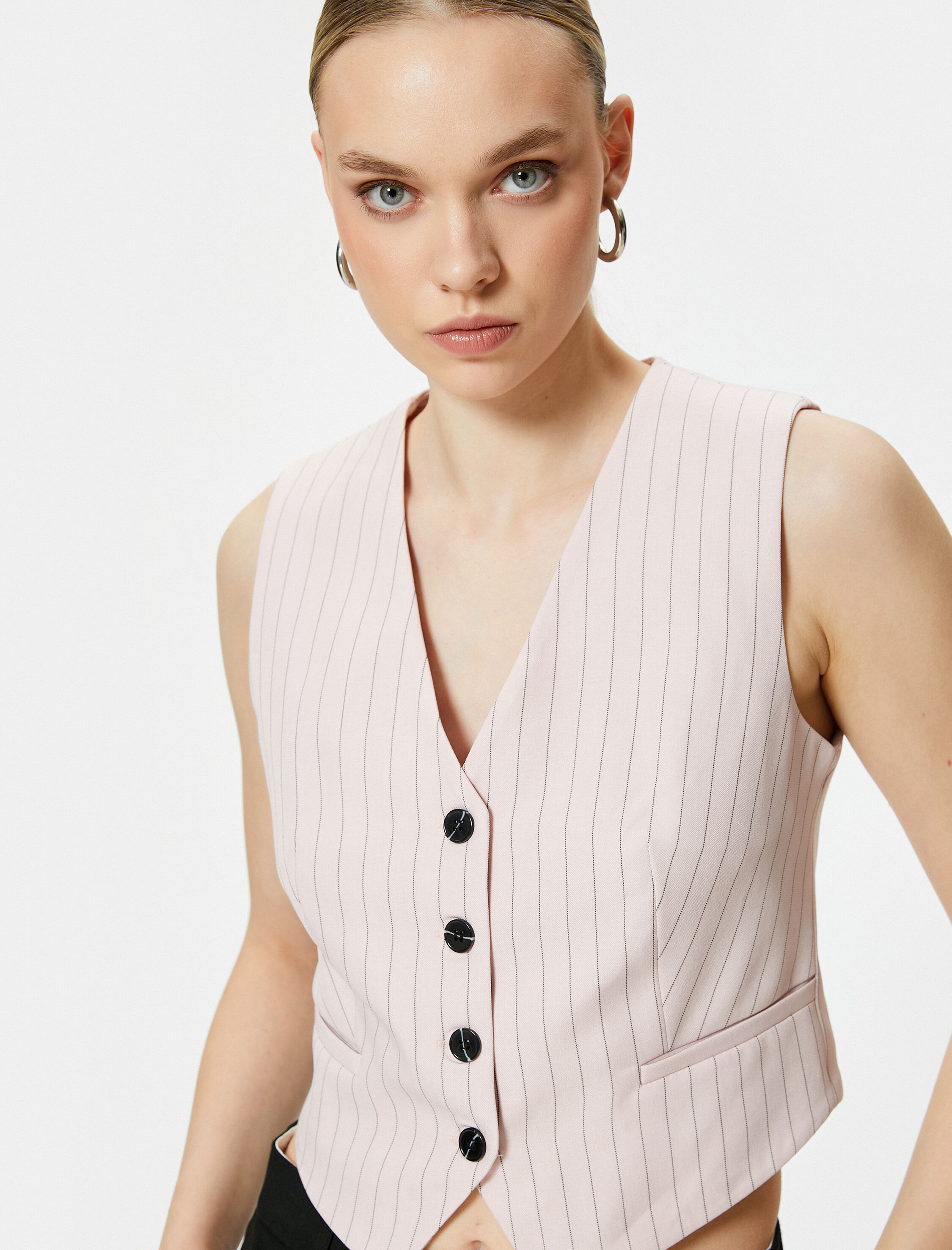   Blazer Yelek Düğmeli V Yaka Cepli