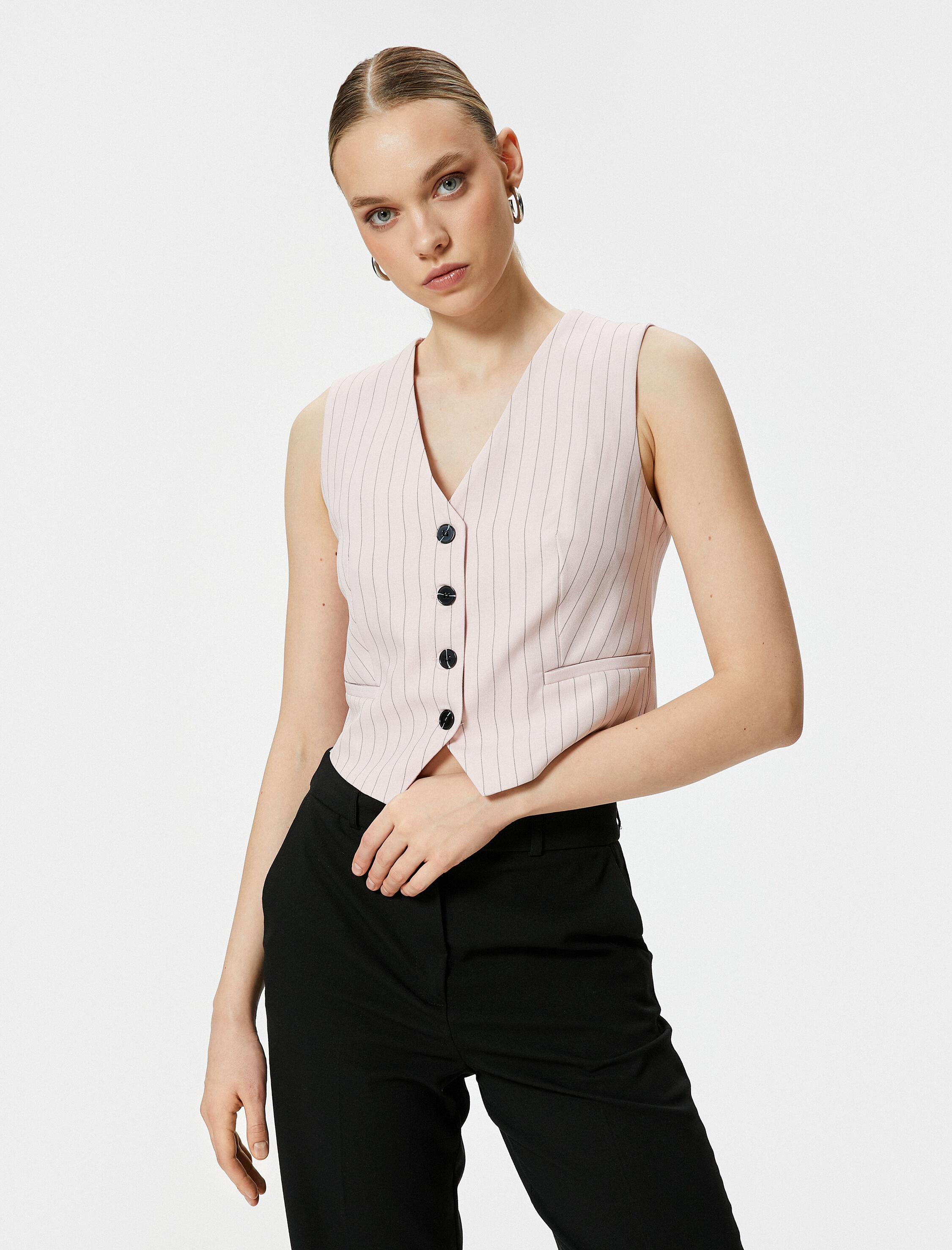   Blazer Yelek Düğmeli V Yaka Cepli