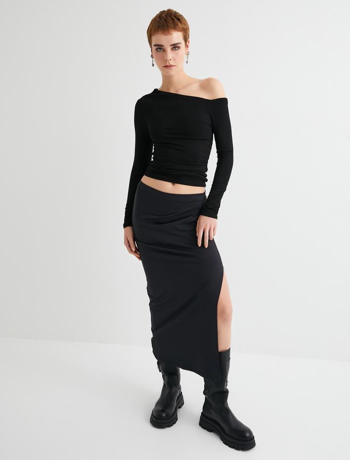  Tek Omuz Tişört Slim Fit Asimetrik Yaka Uzun Kollu Drape Detaylı