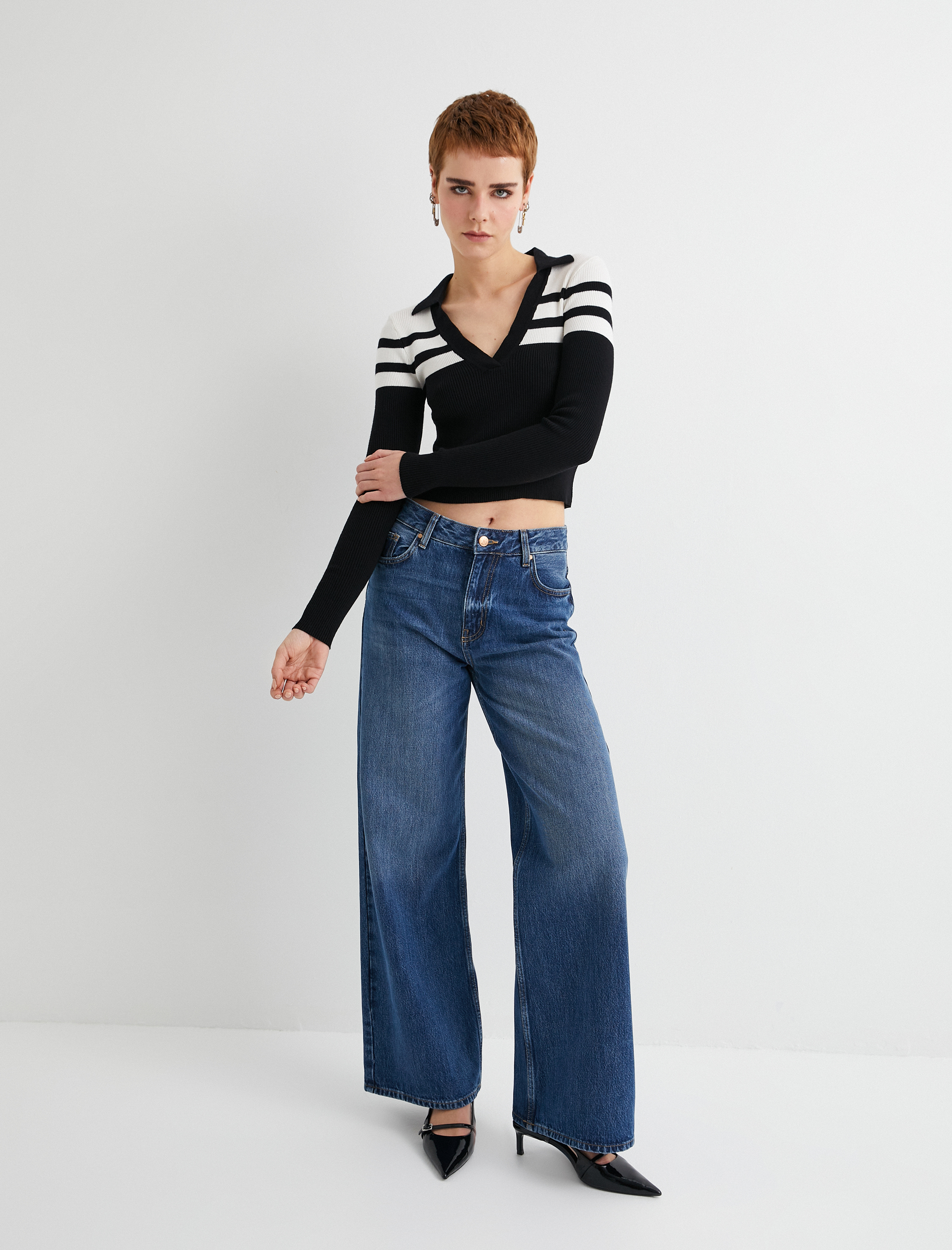   Polo Yaka Çizgili Crop Triko Kazak Uzun Kollu Dar Kalıp