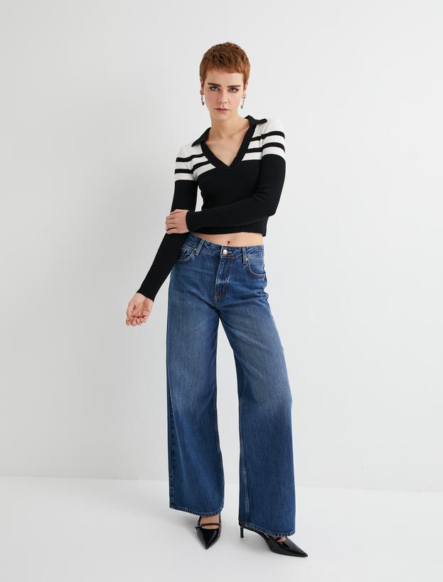 Polo Yaka Çizgili Crop Triko Kazak Uzun Kollu Dar Kalıp_1