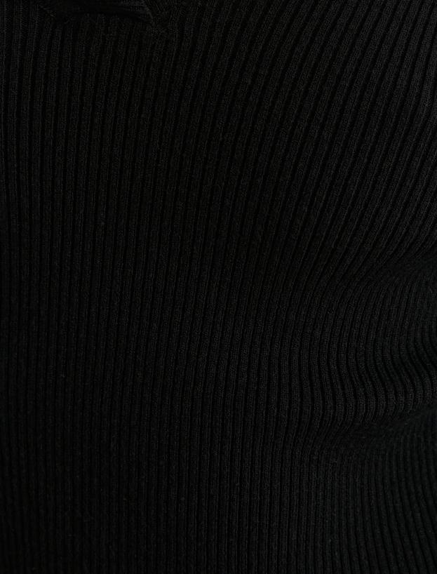 Polo Yaka Çizgili Crop Triko Kazak Uzun Kollu Dar Kalıp_5