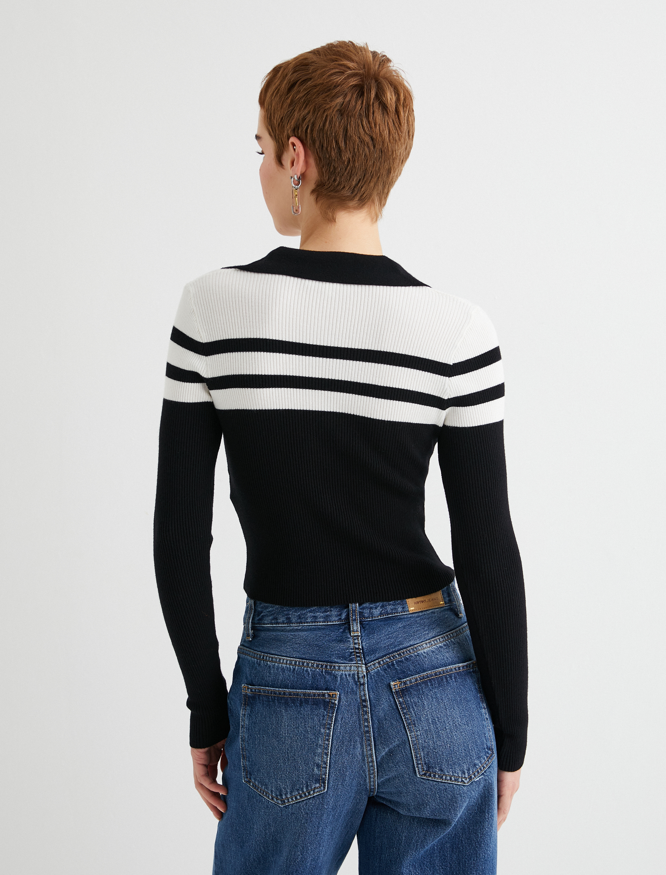   Polo Yaka Çizgili Crop Triko Kazak Uzun Kollu Dar Kalıp