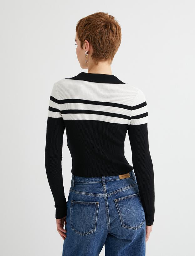 Polo Yaka Çizgili Crop Triko Kazak Uzun Kollu Dar Kalıp_3