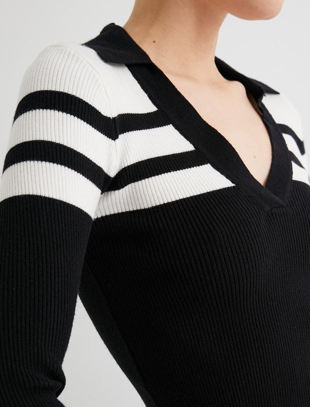 Polo Yaka Çizgili Crop Triko Kazak Uzun Kollu Dar Kalıp_4
