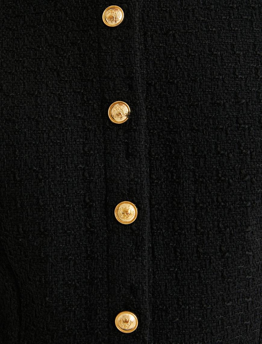   Mini Tüvit Pileli Elbise Altın Düğme Detaylı Pileli Kısa Kollu Yuvarlak Yaka