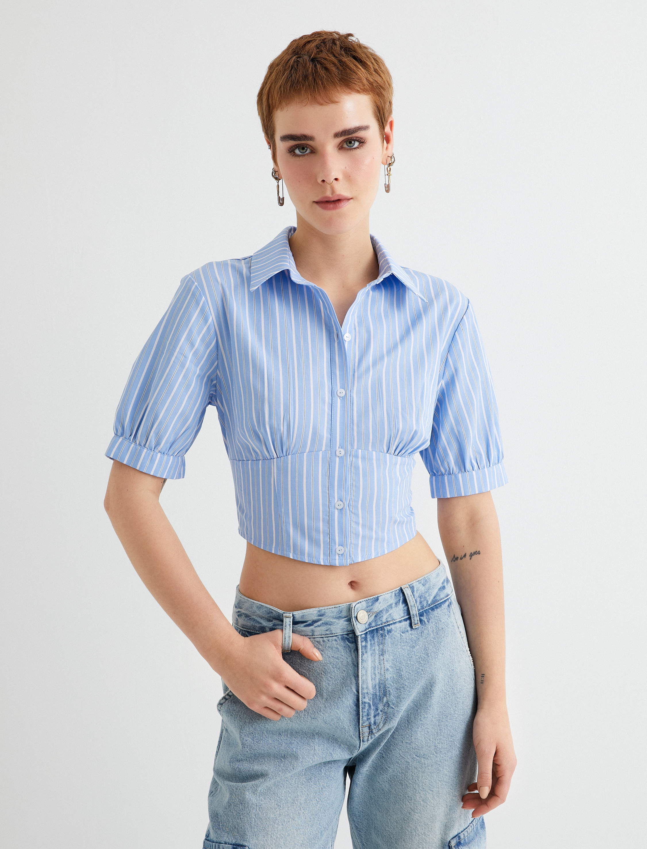   Crop Balon Kol Gömlek Slim Fit Pamuklu