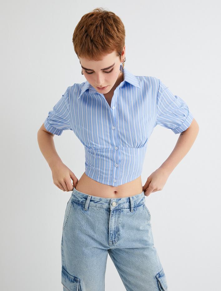  Crop Balon Kol Gömlek Slim Fit Pamuklu