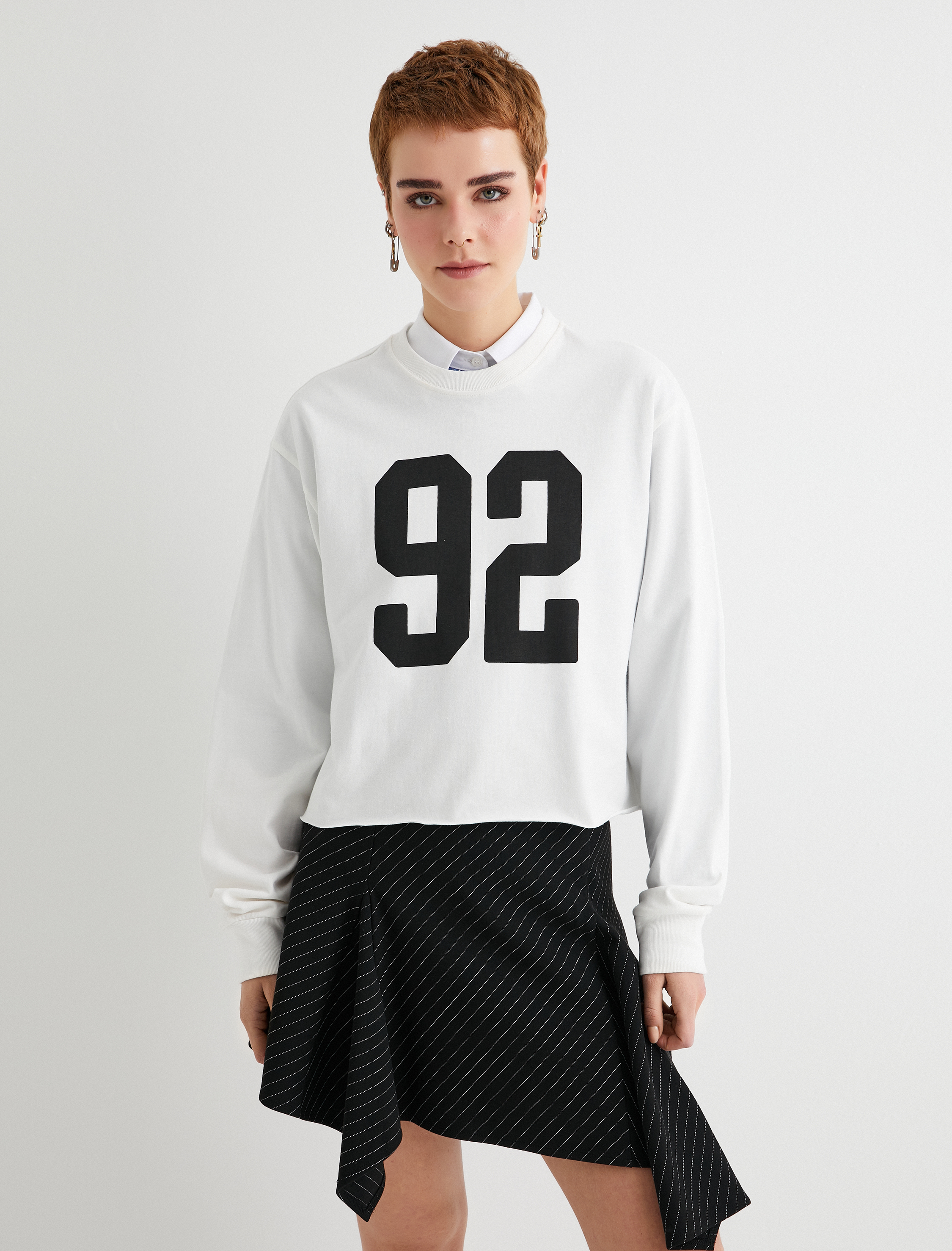   Uzun Kollu Tişört Baskılı Bisiklet Yaka Pamuklu Rahat Kalıp