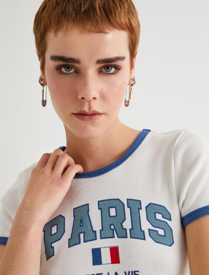  Paris Crop Tişört  Baskılı Kısa Kollu Bisiklet Yaka Slim Fit
