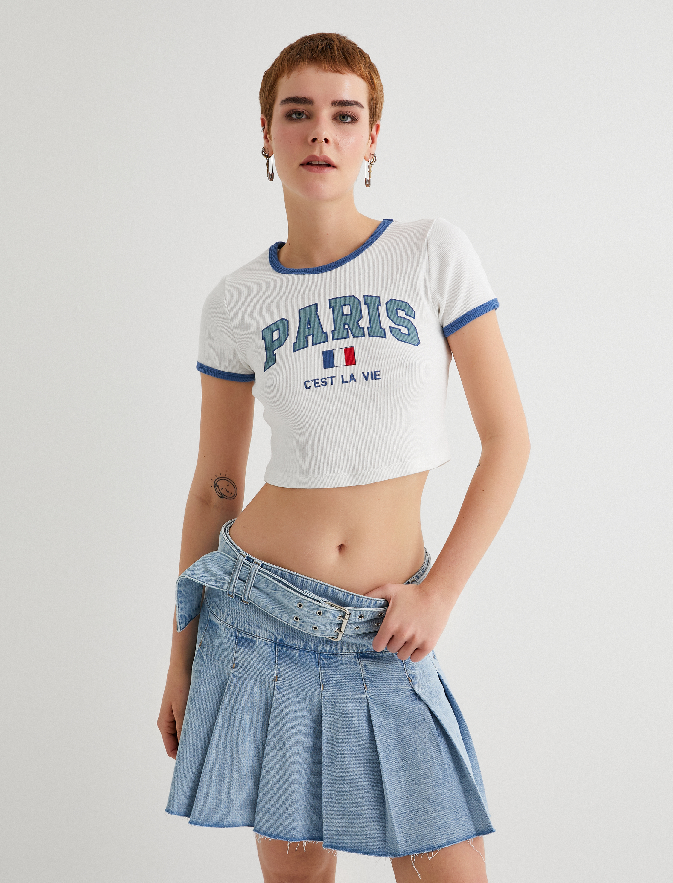   Paris Crop Tişört  Baskılı Kısa Kollu Bisiklet Yaka Slim Fit