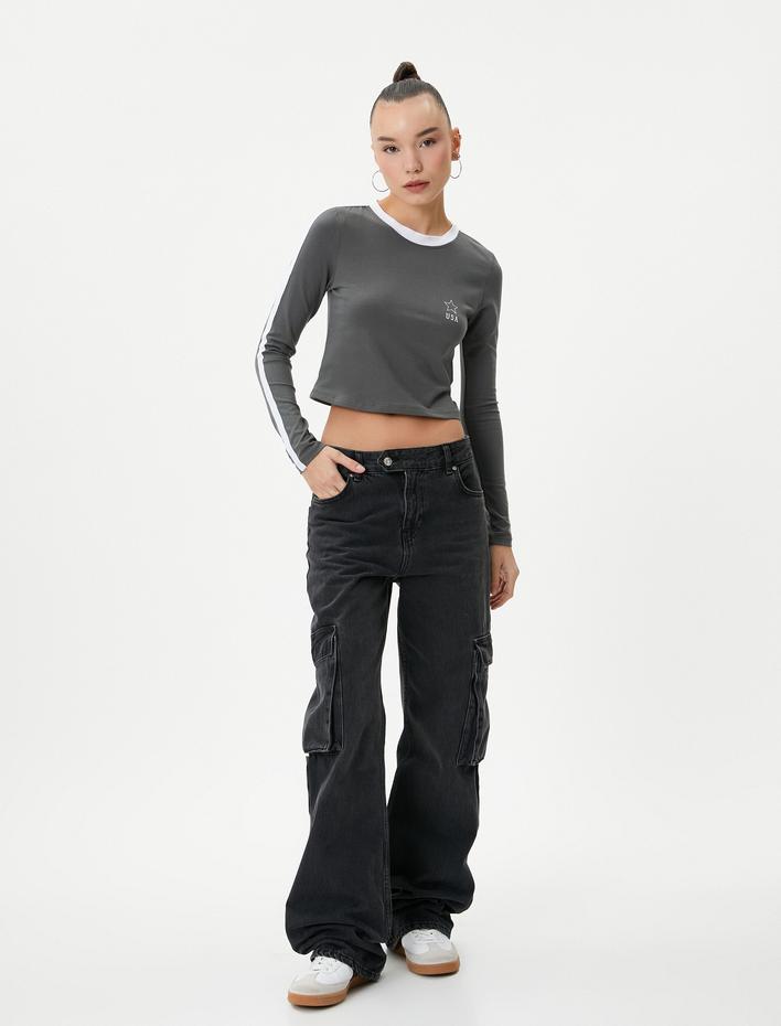  Crop Uzun Kollu Tişört Arkası Rakam Baskılı Çizgili Bisiklet Yaka Pamuklu