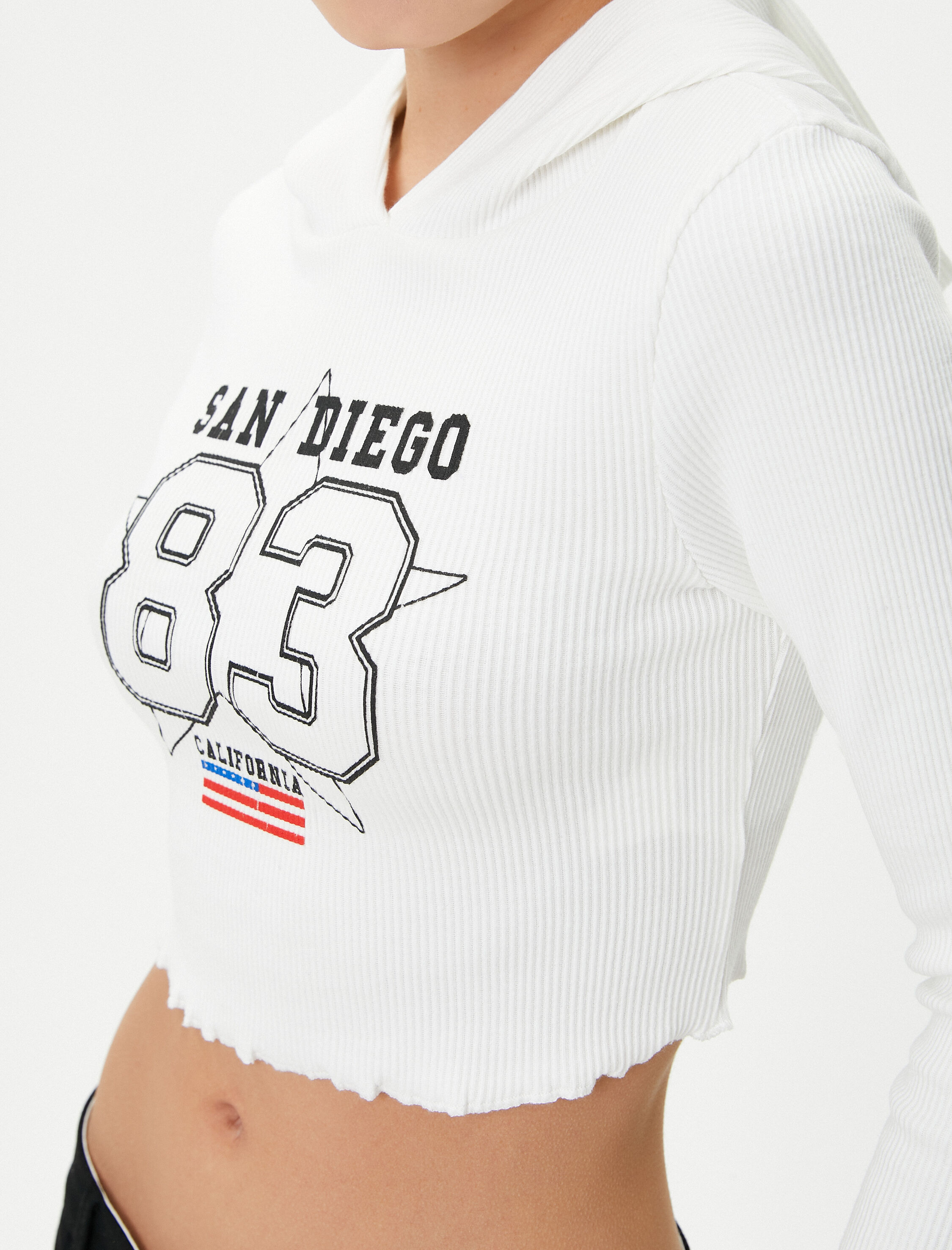   Ultra Crop Kapüşonlu Tişört Baskılı Uzun Kollu Ribanalı Pamuklu